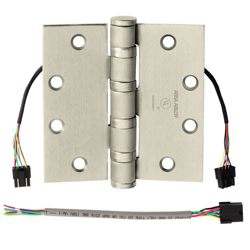McKinney T4A3386-5x4-1/2-US32D-CC8 Electrified Full Mortise Heavy Weight Hinge, 8 Wires, Satin Stainless Steel