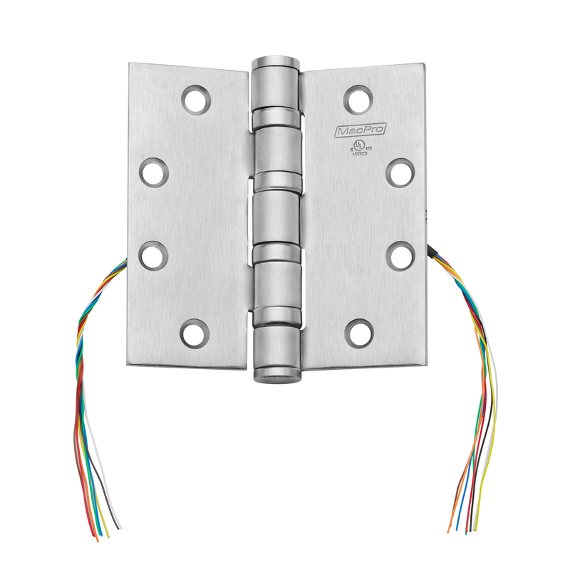 McKinney MPB68-4-1/2x4-1/2-US26D-CC8 Electrified Full Mortise MacPro Standard Weight Ball Bearing Hinge, Five Knuckle, [8] Wires With Concealed Circuit, 626 Satin Chrome Finish