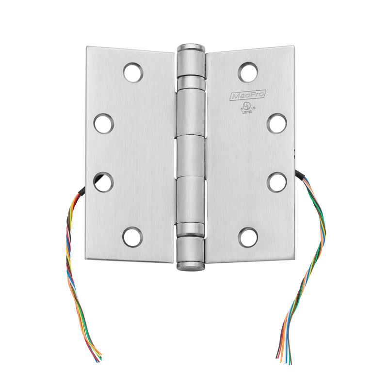 McKinney MPB79-4-1/2x4-US26D-CC8 Electrified Full Mortise MacPro Heavy Weight Ball Bearing Hinge, Five Knuckle, [8] Wires With Concealed Circuit, 626 Satin Chrome Finish