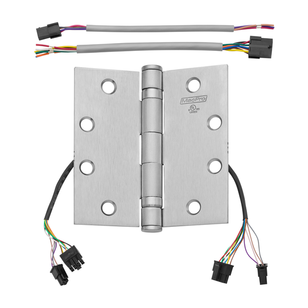 McKinney MPB79-4-1/2x4-US26D-QC12 Electrified Full Mortise MacPro Heavy Weight Ball Bearing Hinge, Five Knuckle, [12] Wires With Quick Connect, 626 Satin Chrome Finish