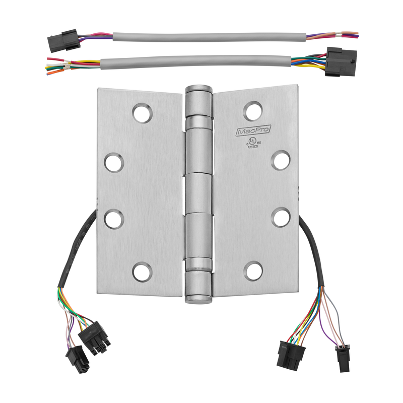 McKinney MPB79-4-1/2x4-US26D-QC12 Electrified Full Mortise MacPro Heavy Weight Ball Bearing Hinge, Five Knuckle, [12] Wires With Quick Connect, 626 Satin Chrome Finish