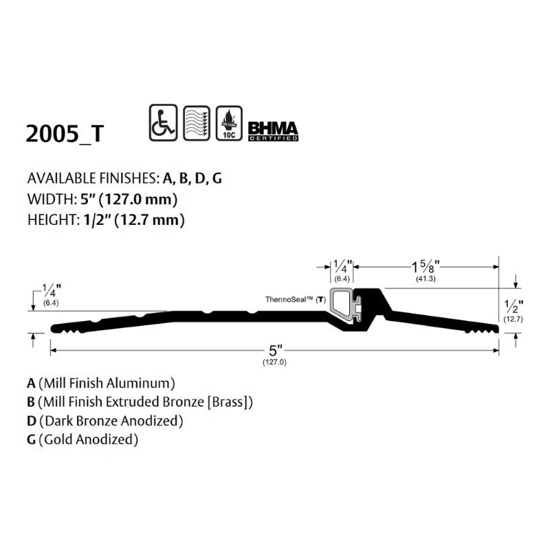 Pemko 2005AT Latching Panic Exit Threshold - 5" Width, 1/2" Height, ThermoSeal Insert Mill Finish Aluminum