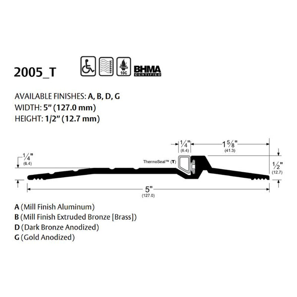 Pemko 2005AT Latching Panic Exit Threshold - 5" Width, 1/2" Height, ThermoSeal Insert Mill Finish Aluminum