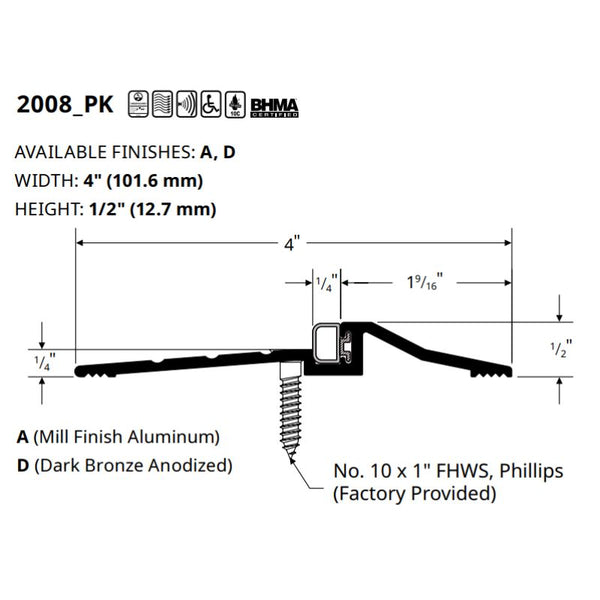 Pemko 2008APK Acoustic STC Threshold, Encased Foam Seal, High Compression Seal Latch Track, Aluminum