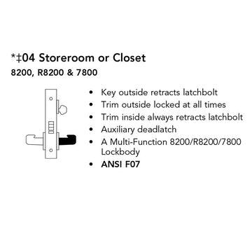 Sargent 70-8204 LNL Storeroom or Closet Mortise Lock, SFIC Prep, Less Core, L Lever, LN Rose, Satin Chrome