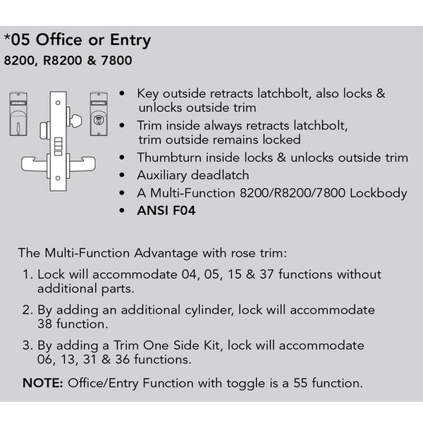 Sargent RX-LC-8205-12V-LNL Office or Entry 12V Electrified Mortise Lock, LN Rose, L Lever, RX Switch, Less Cylinder