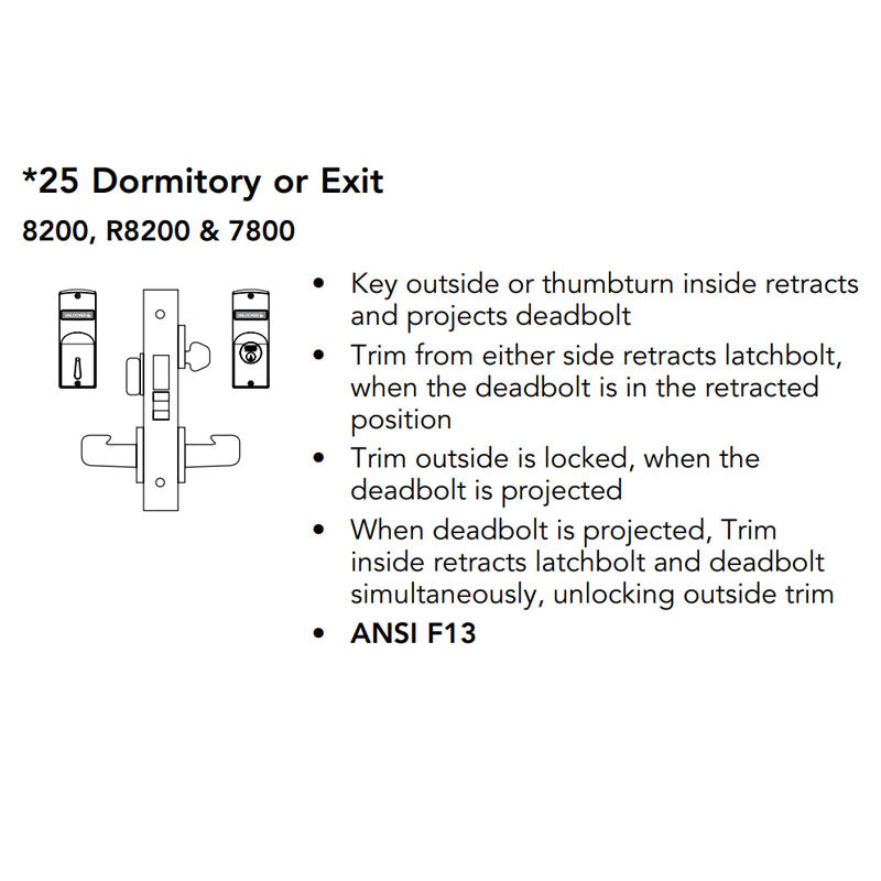 Sargent LC-8225-LNMI Dormitory or Exit Mortise Lock, MI - Lever, LN - Rose, Field Reversible, Less Cylinder