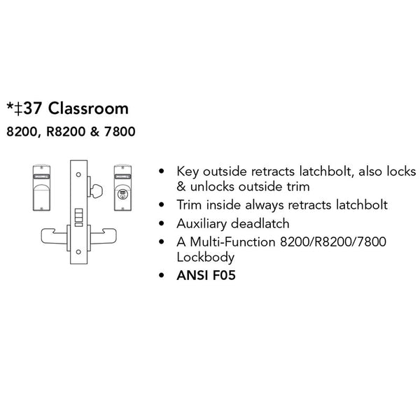 Sargent RX-LC-8237-12V-LNMI Classroom 12V Electrified Mortise Lock, LN Rose, MI Lever, RX Switch, Less Cylinder