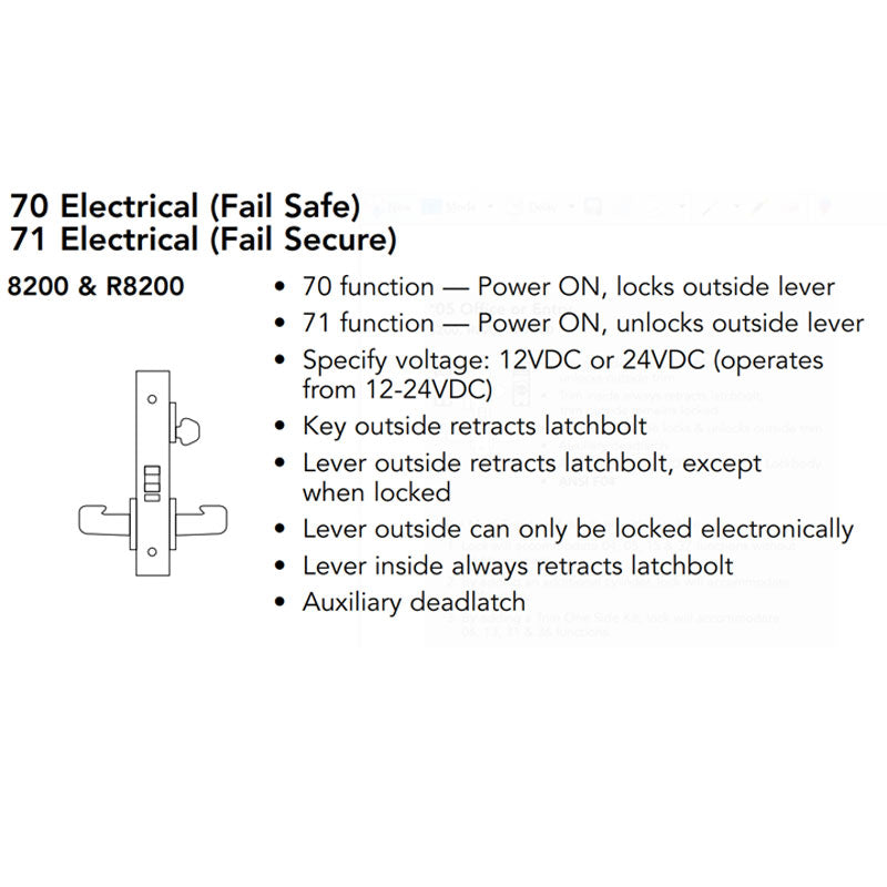 Sargent 70-RX-8271-24V-LNL-26D Electric Mortise Lock, Fail Secure, 24V, SFIC Less Core, LN Rose, L Lever, Field Reversible, Satin Chrome
