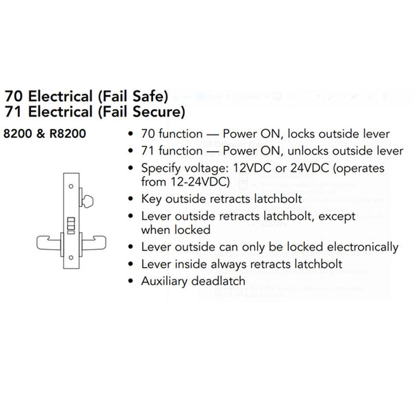 Sargent RX-8271-12V-LNMI-26D Electric Mortise Lock Fail Secure with Request to Exit, 12V, LA Keyway, LN Rose, MI Lever, Field Reversible