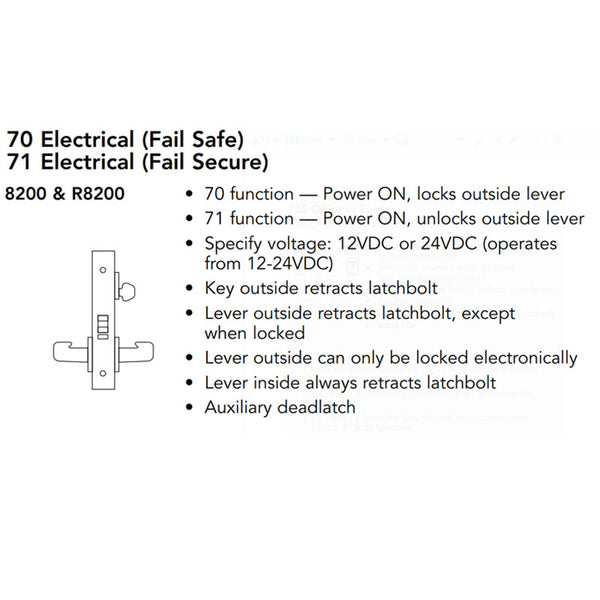 Sargent 70-8271-12V-LNMD-26D Electric Mortise Lock, Fail Secure, 12V, SFIC Less Core, LN Rose, MD Lever, Field Reversible, Satin Chrome