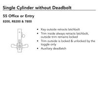 Sargent 8225 mortise lock body only, dormitory/exit function, single cylinder without deadbolt diagram