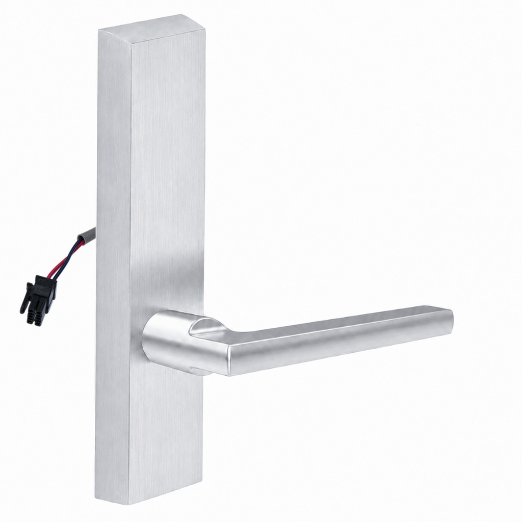 SARGENT 773-8-ETMD-12V US26D electrified exit device trim with MD lever, satin chrome rectangular escutcheon