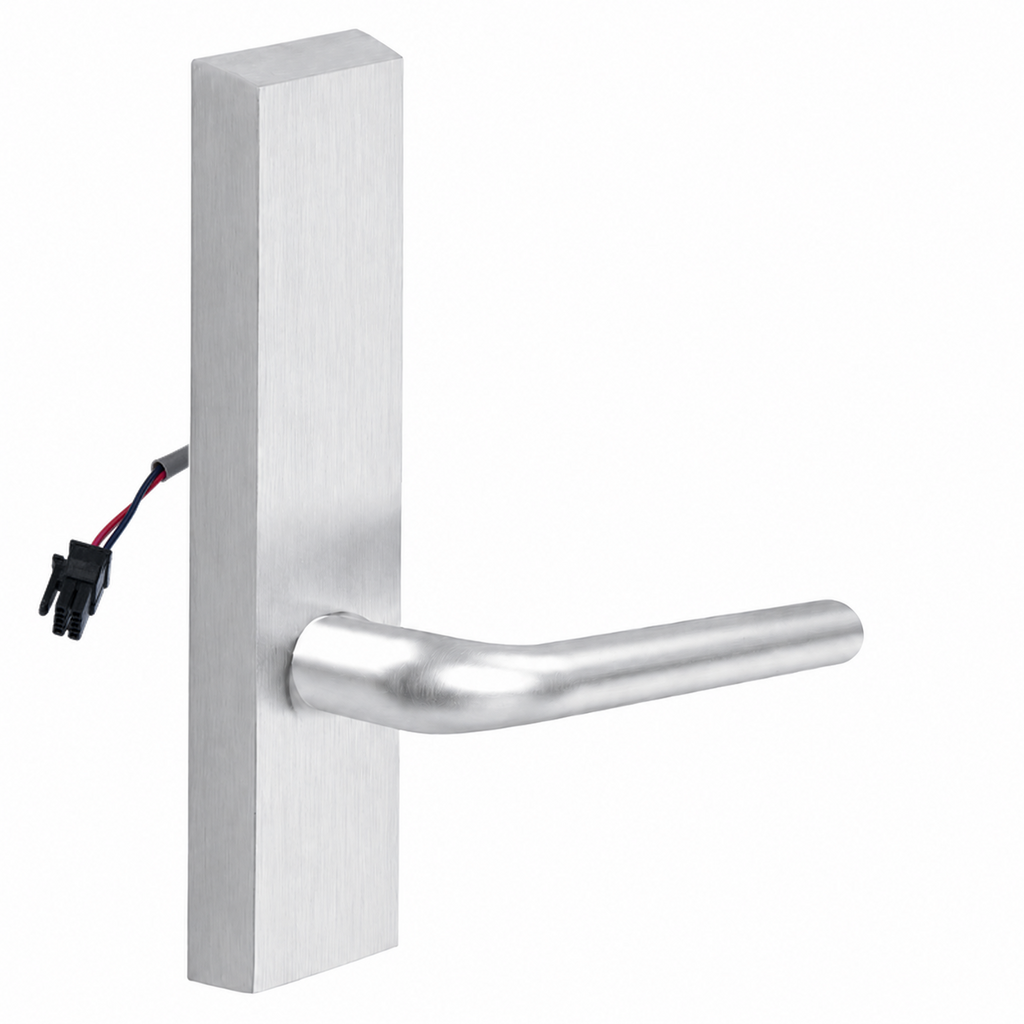SARGENT 773-8-ETME-24V-US26D electrified exit trim with ME lever, satin chrome rectangular escutcheon
