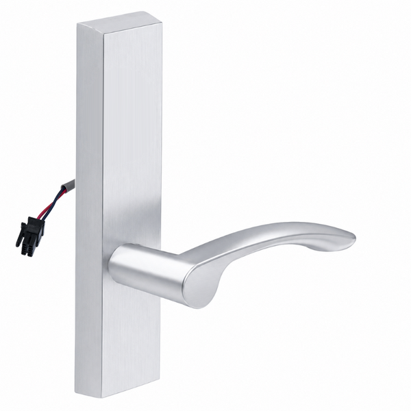 SARGENT 773-8-ETMV-24V-US26D electrified exit trim with MV lever, satin chrome rectangular escutcheon