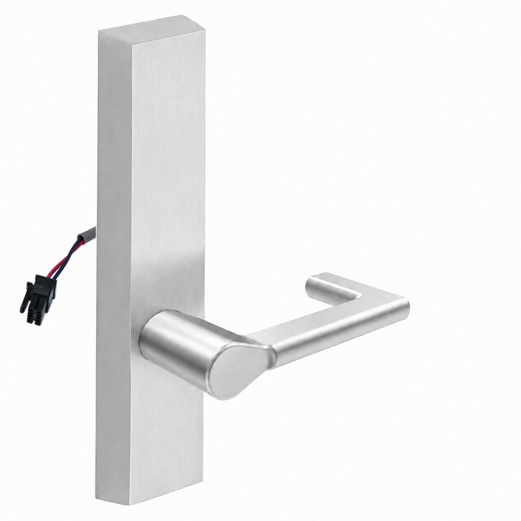SARGENT 773-8-ETND-24V US26D electrified exit trim with ND lever, satin chrome rectangular escutcheon