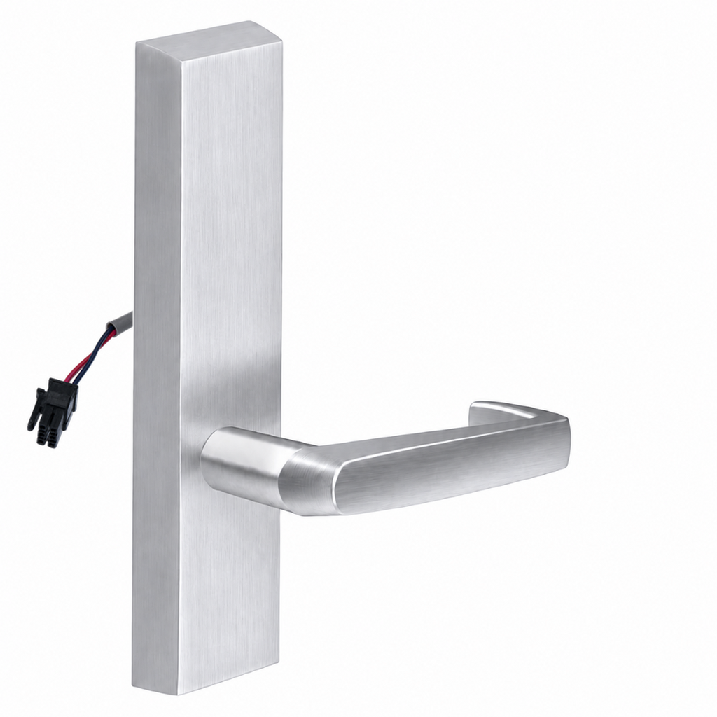 SARGENT 773-8-ETNJ-12V US26D electrified exit trim with NJ lever, satin chrome rectangular escutcheon