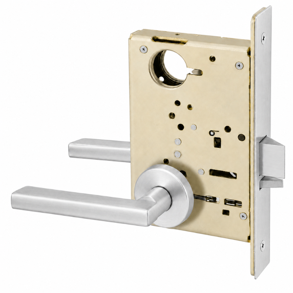 Sargent 8204 LNMD US26D storeroom mortise lock, satin chrome MD lever, LN rose, field reversible, less cylinder