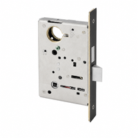 Sargent 8225 BSP mortise lock body, dormitory/exit function, black faceplate with satin chrome latch
