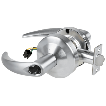 Schlage ND80BD-OME-626 RX storeroom cylindrical lock, satin chrome, Omega lever with latch and wiring harness