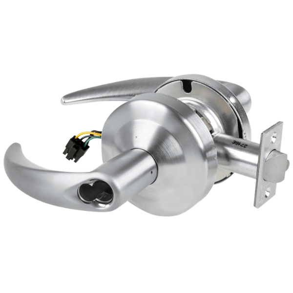 Schlage ND80BD-OME-626 RX storeroom cylindrical lock, satin chrome, Omega lever with latch and wiring harness