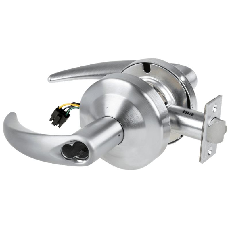 Schlage ND80BD-OME-626 RX storeroom cylindrical lock, satin chrome, Omega lever with latch and wiring harness