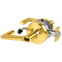 Schlage ND80JD-EL-LON-605 electrified storeroom lock, bright brass cylindrical lockset with Longitude lever