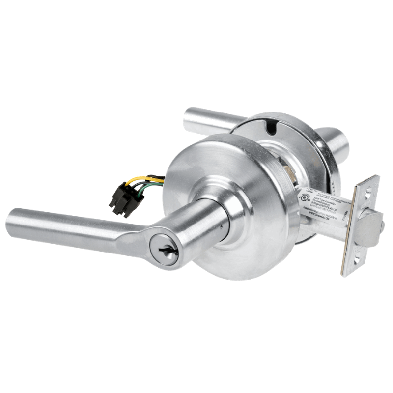 Schlage ND80PD-EL-BRW-626 electrified storeroom cylindrical lock, satin chrome, Broadway lever, keyed cylinder