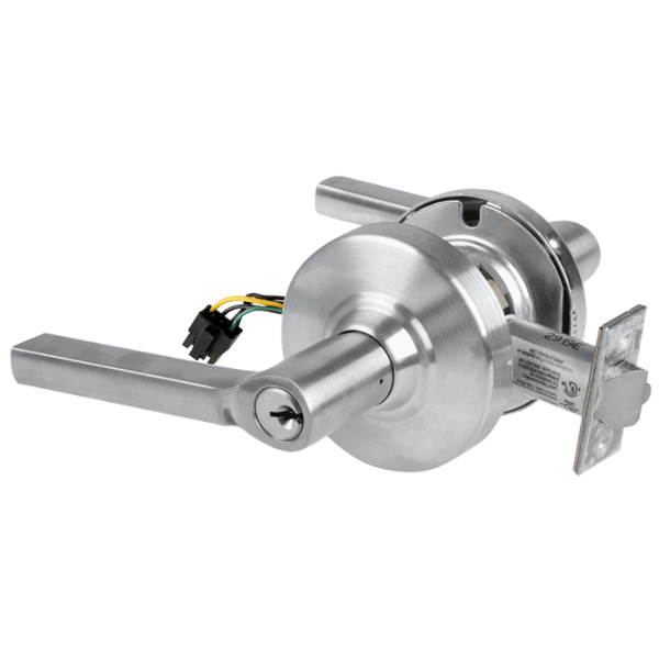 Schlage ND80PD-EL-LAT 626 electrified storeroom lock with Latitude lever, brushed chrome finish
