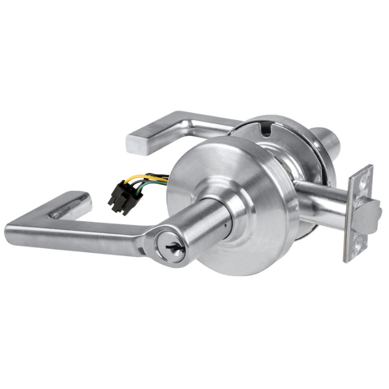 Schlage ND80PD-EL-LON-626 electrified storeroom cylindrical lock, satin chrome, Longitude lever with keyed cylinder