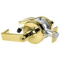 Schlage ND80PD-EL-RHO 605 electrified storeroom lock, bright brass cylindrical lock with Rhodes lever