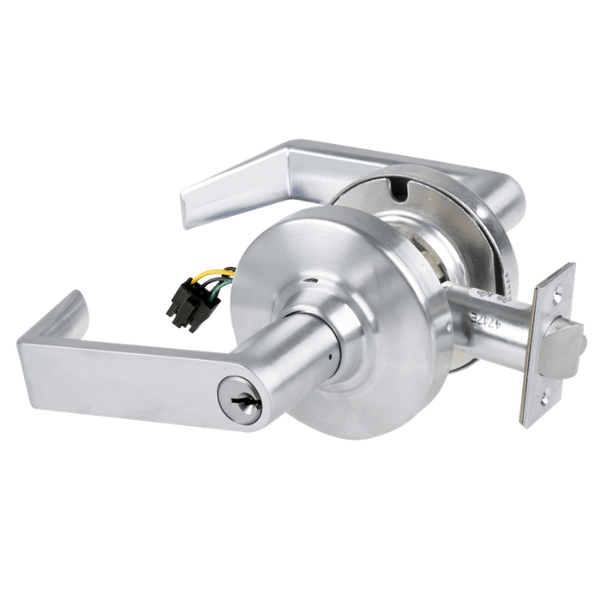 Schlage ND80PD-EL-RHO 626 electrified storeroom lock, satin chrome, Rhodes lever with keyed cylinder