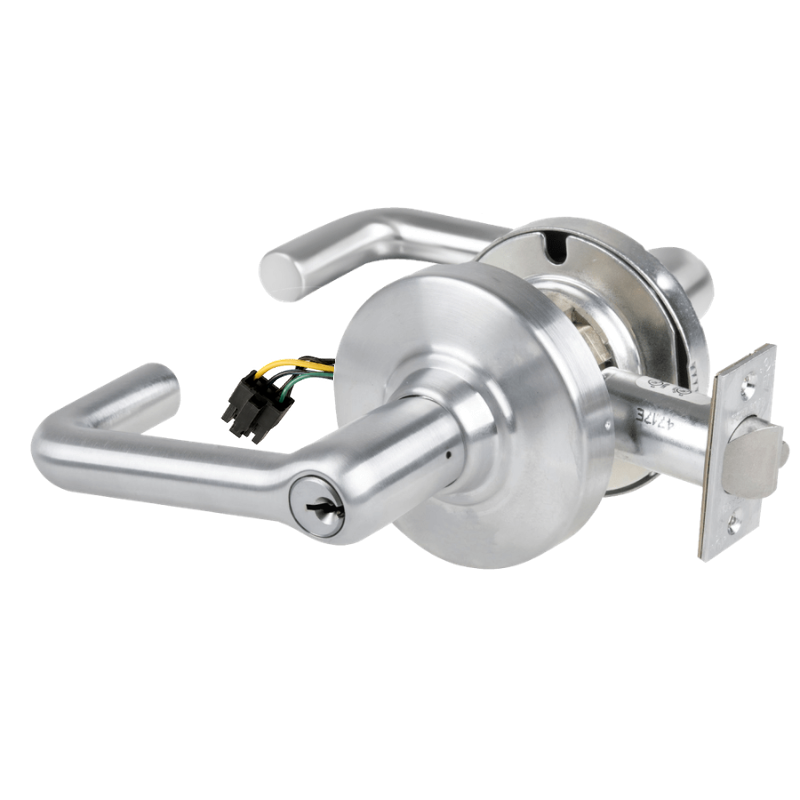 Schlage ND80PD-EL-TLR 626 satin chrome electrified storeroom cylindrical lock with tubular lever and latch