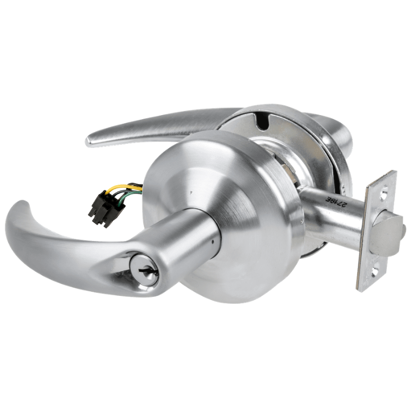 Schlage ND80PD-EU-OME 626 electrified storeroom cylindrical lock with Omega lever, satin chrome finish