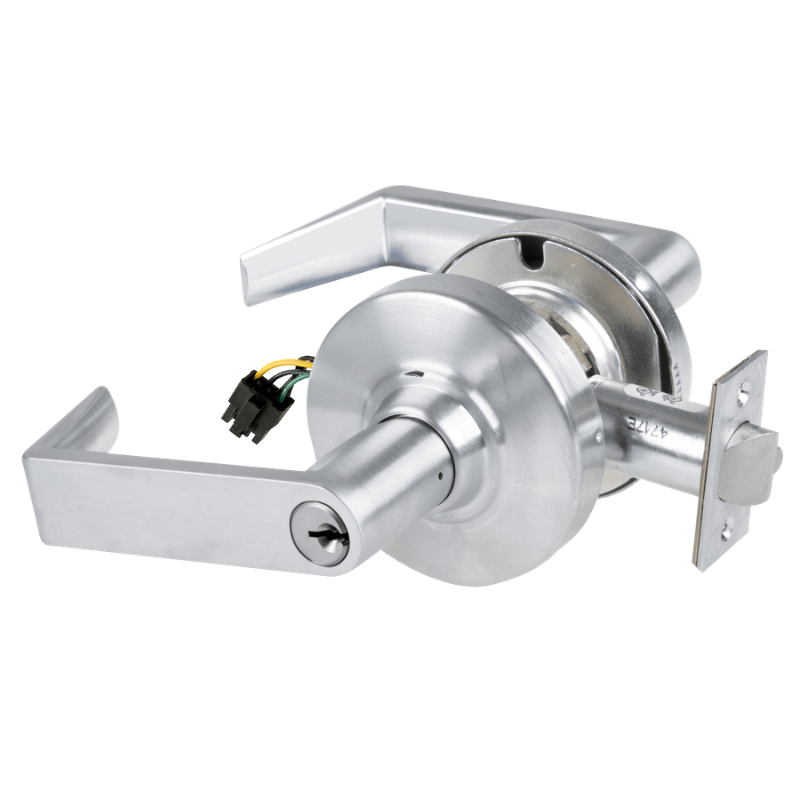 Schlage ND80PD-EU-RHO-626 electrified storeroom lock, satin chrome cylindrical lock with Rhodes lever