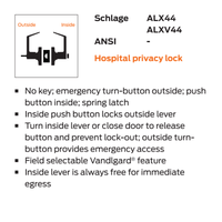 Schlage ALX44-RHO Hospital Privacy Cylindrical Lock, Rhodes Lever, Non-Keyed