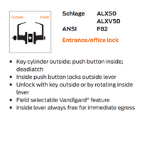 Schlage ALX50B-ATH Office Cylindrical Lock, Athens Lever, SFIC Less Core