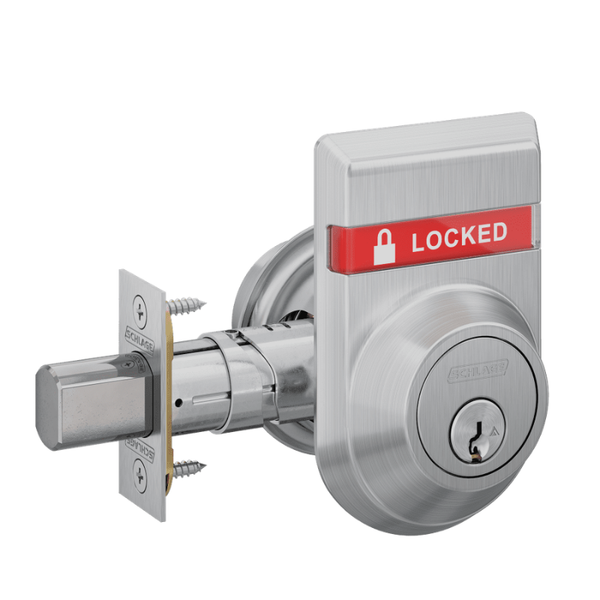Schlage B562P-626 double cylinder indicator deadbolt, satin chrome, red LOCKED display, keyed cylinder, latch