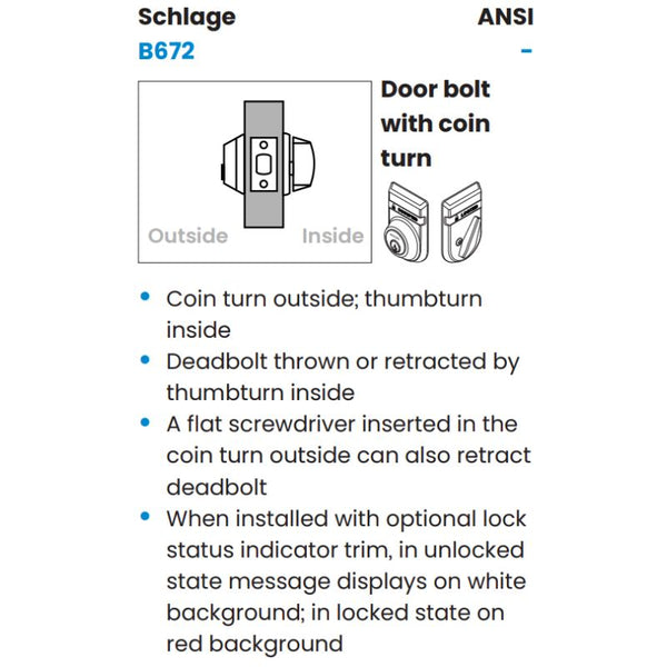 Schlage B672 Door Bolt, Coin Turn Outside/Thumbturn Inside, Std Strike