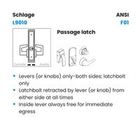 Schlage L9010B-RH-134 Passage Latch Mortise Lock, Lock body Only, 1-3/4" Door Thickness, Grade 1, Right-Handed, Field Reversible