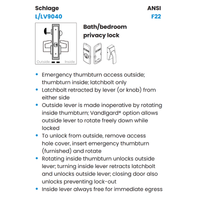 Schlage L9040B-RH-134 Grade 1 Bed/Bathroom Privacy Mortise Lock, Lock body Only, 1-3/4" Door Thickness, Grade 1, Right-Handed, Field Reversible