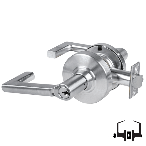 Schlage ND50PD LON 626 cylindrical entrance lock, satin chrome, Longitude lever with keyed cylinder and latch