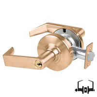 Schlage ND50PD RHO 612 entrance lockset, satin bronze Rhodes lever with keyed cylinder and round rose