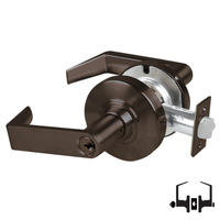 Schlage ND50PD RHO 613 entrance lockset with Rhodes lever, oil-rubbed bronze finish, keyed cylinder and latch