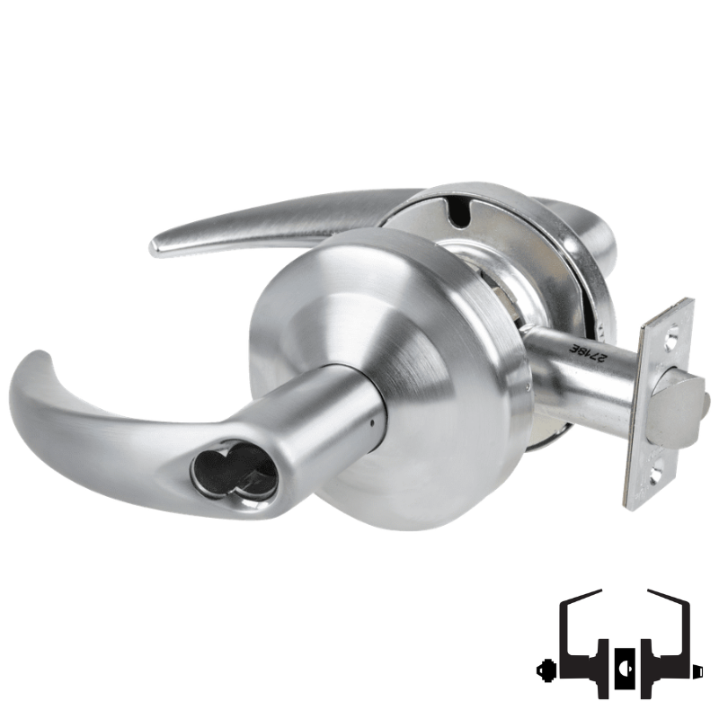 Schlage ND53-JD-OME 626 entrance lock, satin chrome cylindrical lockset with Omega lever and FSIC less core