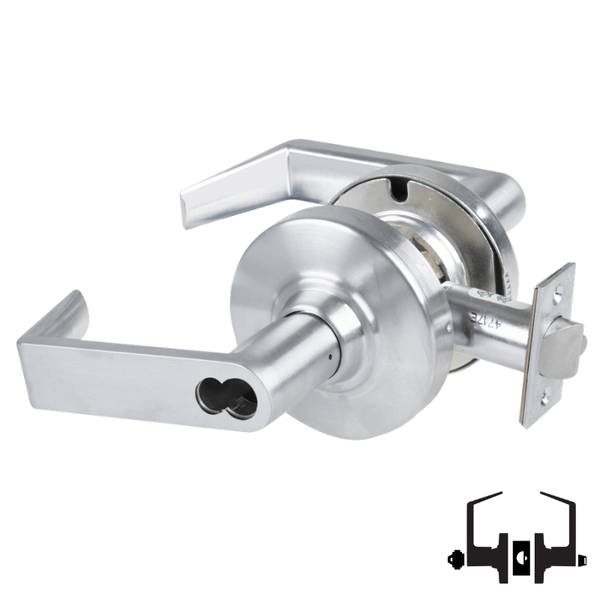 Schlage ND53-JD-RHO 626 entrance lock, satin chrome cylindrical lockset with Rhodes lever, less core