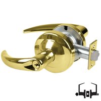 Schlage ND53PD OME 605 entrance lockset, bright brass cylindrical lock with Omega lever and keyed cylinder