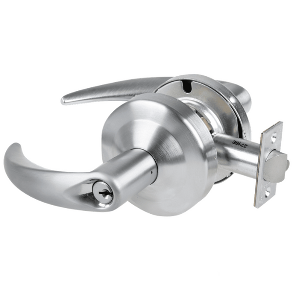 Schlage ND80PD-OME-626 storeroom lock, satin chrome cylindrical lockset with Omega lever and keyed cylinder