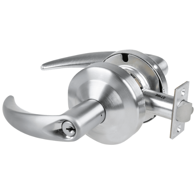 Schlage ND80PD-OME-626 storeroom lock, satin chrome cylindrical lockset with Omega lever and keyed cylinder