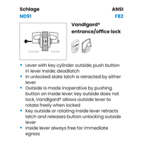 Schlage ND91JD-LAT Vandlgard Entrance/Office Cylindrical Lock, FSIC Less Core, LAT Lever